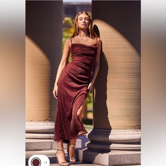 NWT Lulus Next Please Gold and Burgundy Cowl Neck Bodycon Dress - Picture 3 of 15
